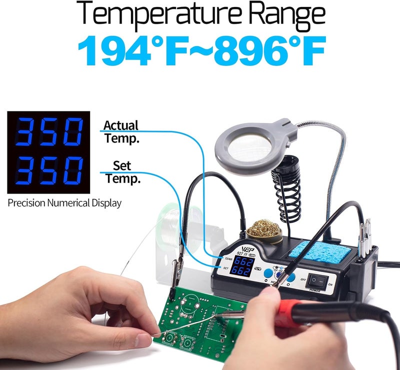 WeP 927-IV Soldering Station Kit High-Power 110W with 3 Preset Channels, Sleep Mode, LED Magnifier, 5 Extra Iron Tips, Tip Cleaner, 2 Helping Hands, Tip Storage Slots, Lead-free Solder Wire, Tweezers - Image 3
